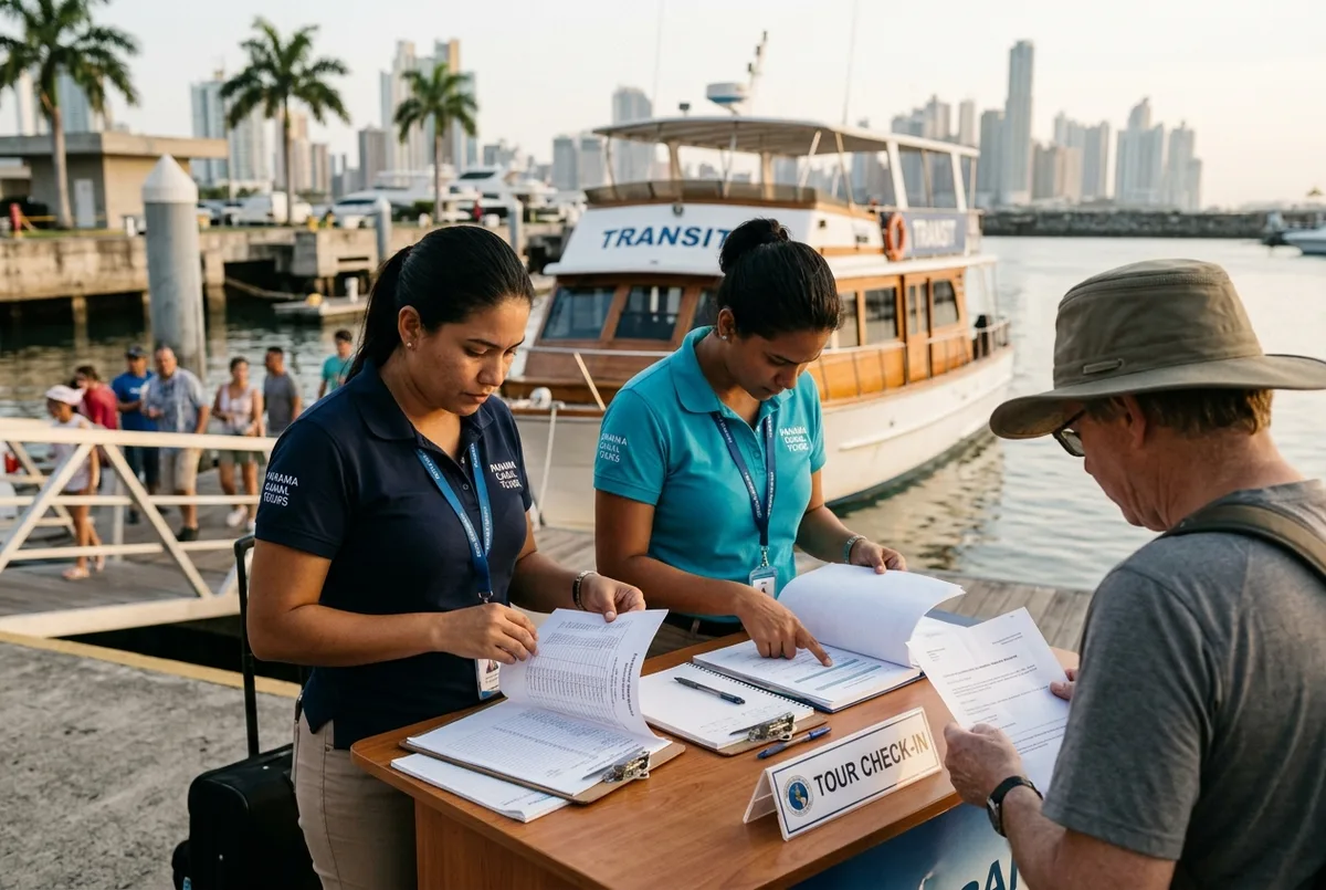 Tour operator staff checking a passenger list against a booking confirmation at a Panama City wharf before a panama canal transit tour