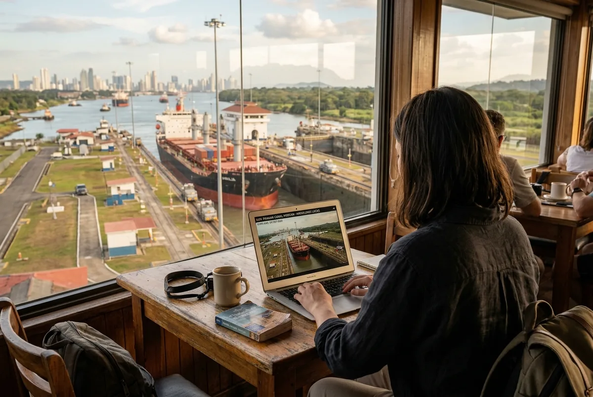 Pantalla mostrando una canal de panama webcam en vivo con un barco portacontenedores cruzando las Esclusas de Miraflores, junto a una laptop en una terraza con vista al canal