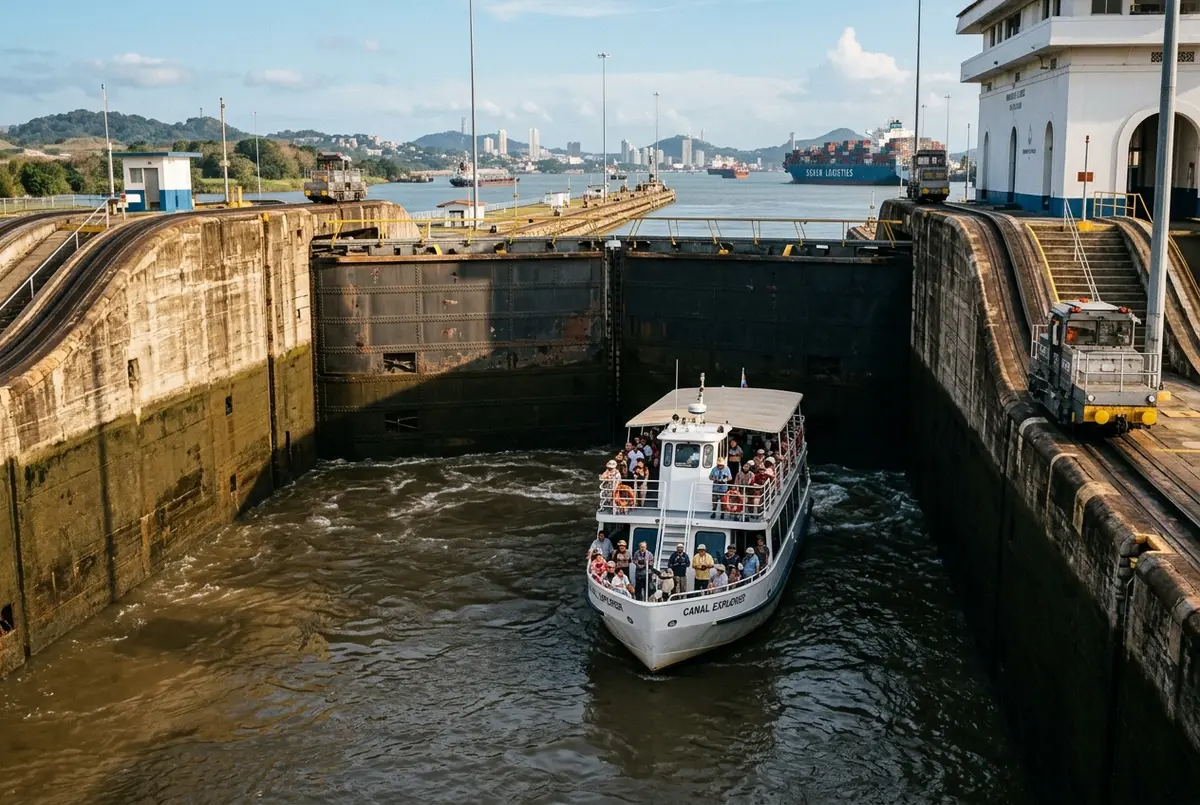 Embarcación de pasajeros subiendo dentro de la cámara de las Esclusas de Miraflores durante un tour canal de Panamá en barco con las compuertas y el agua del canal visibles