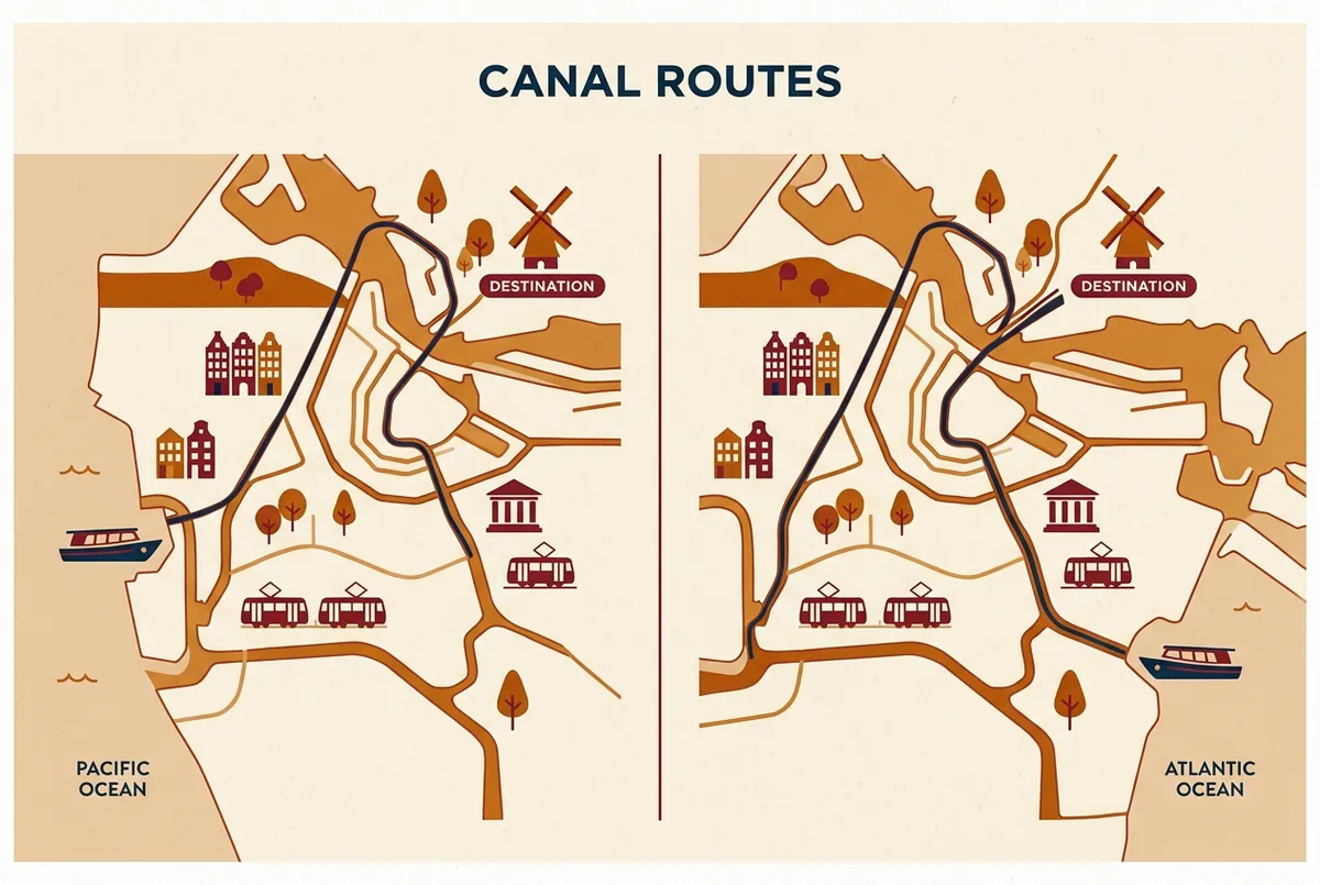 Mapa infográfico comparando la ruta del tránsito parcial hasta Gamboa frente a la ruta del tránsito completo continuando hasta el lado Atlántico, con etiquetas genéricas de ubicación