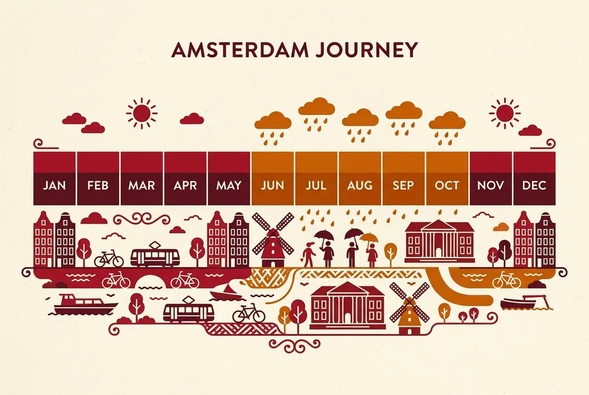 Simple month by month climate strip infographic showing dry season months and rainy season months along a single calendar bar, using generic month labels only