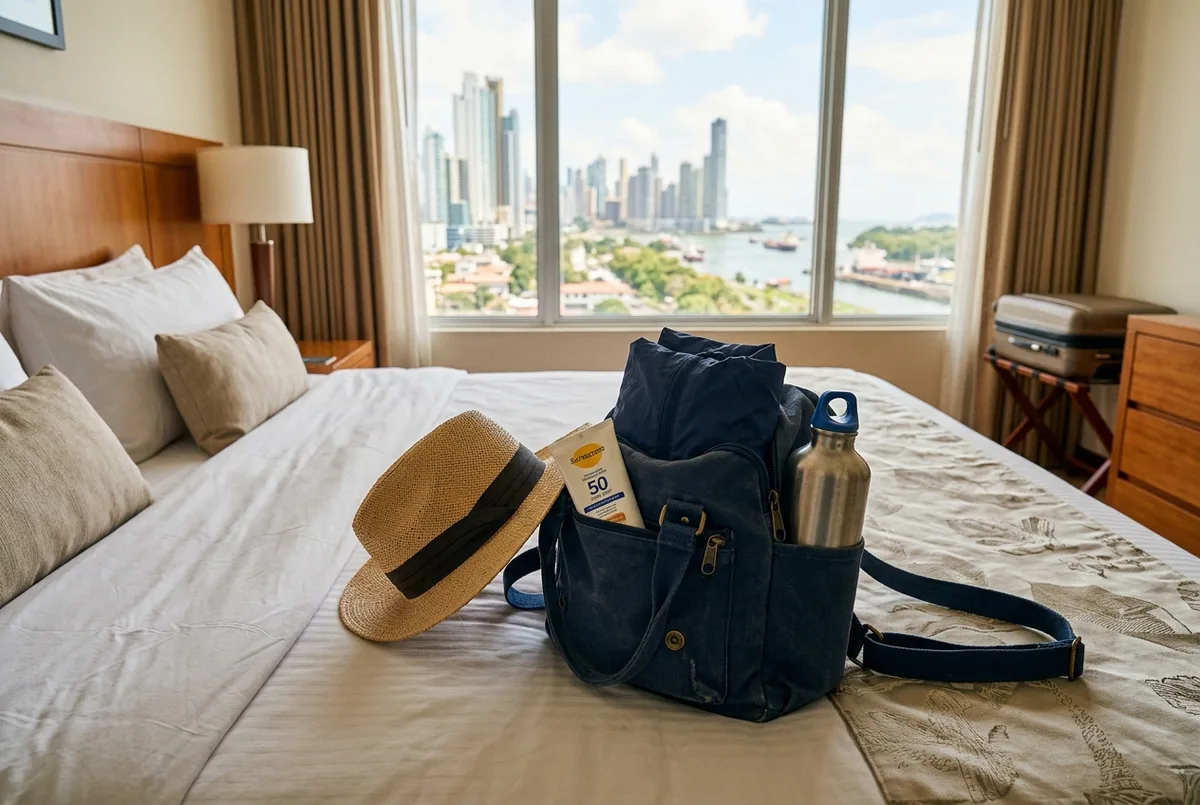 Small day bag packed with a sun hat, sunscreen, rain jacket and water bottle laid out on a hotel bed before a panama canal tour