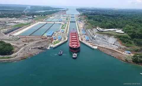 Ship transiting the Agua Clara Locks on the Atlantic side of the Panama Canal